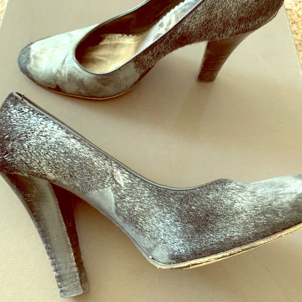 BCBG heels with fur hair and metallic silver